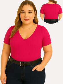 Kit With 3 Basic Women's Plus Size V-Neck Blouses - Black/pink/gray - View 4