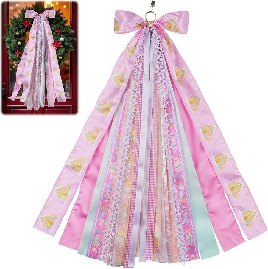 Lazo de Navidad rosa de 27.5 pulgadas, decoración de puerta – 12 cintas deúltiples texturas con clip de metal dorado para puerta delantera, pared para interiores y exteriores - Rosa Navidad - Ver 1