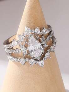 3pcs/Set Elegant Luxury And Shiny Water-Drop Synthetic Zirconia Rings, An Elegant Jewelry Accessory For Women's Festival Banquets, Suitable For Any Occasion, The Perfect Holiday Gift. Elegance Never Goes Out Of Style. - Silver - View 12