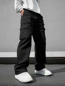 Men's Straight Leg Multi-Pocket Casual Cargo Pants, Suitable For Streetwear And All Seasons