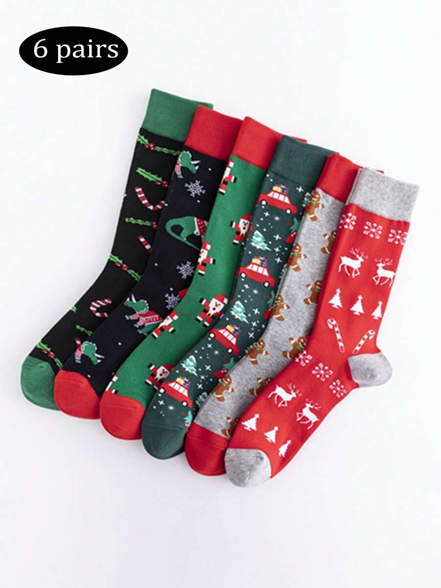 6 Paar bunte Socken, bequeme & weiche Socken bis zur Mitte des Knöchels, Weihnachtsmotive Lässige stilvolle Herren Socken