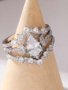 3pcs/Set Elegant Luxury And Shiny Water-Drop Synthetic Zirconia Rings, An Elegant Jewelry Accessory For Women's Festival Banquets, Suitable For Any Occasion, The Perfect Holiday Gift. Elegance Never Goes Out Of Style. - Silver - View 10