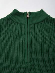 Women's Simple Ribbed Solid Color Casual Korean Textured Commuter Loose Versatile Stand Collar Zipper Half-Placket Pullover Long Sleeve Sweater, Spring/Autumn/Winter - Green - View 8
