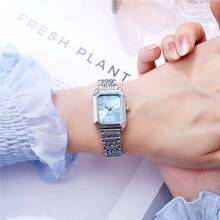 1 pieza Reloj de cuarzo de moda para mujer con esfera cuadrada simple y escala, caja chapada en oro de alta calidad, correa de acero inoxidable, adecuado como regalo de cumpleaños, aniversario o Día de la Madre - Plateado - Ver 19