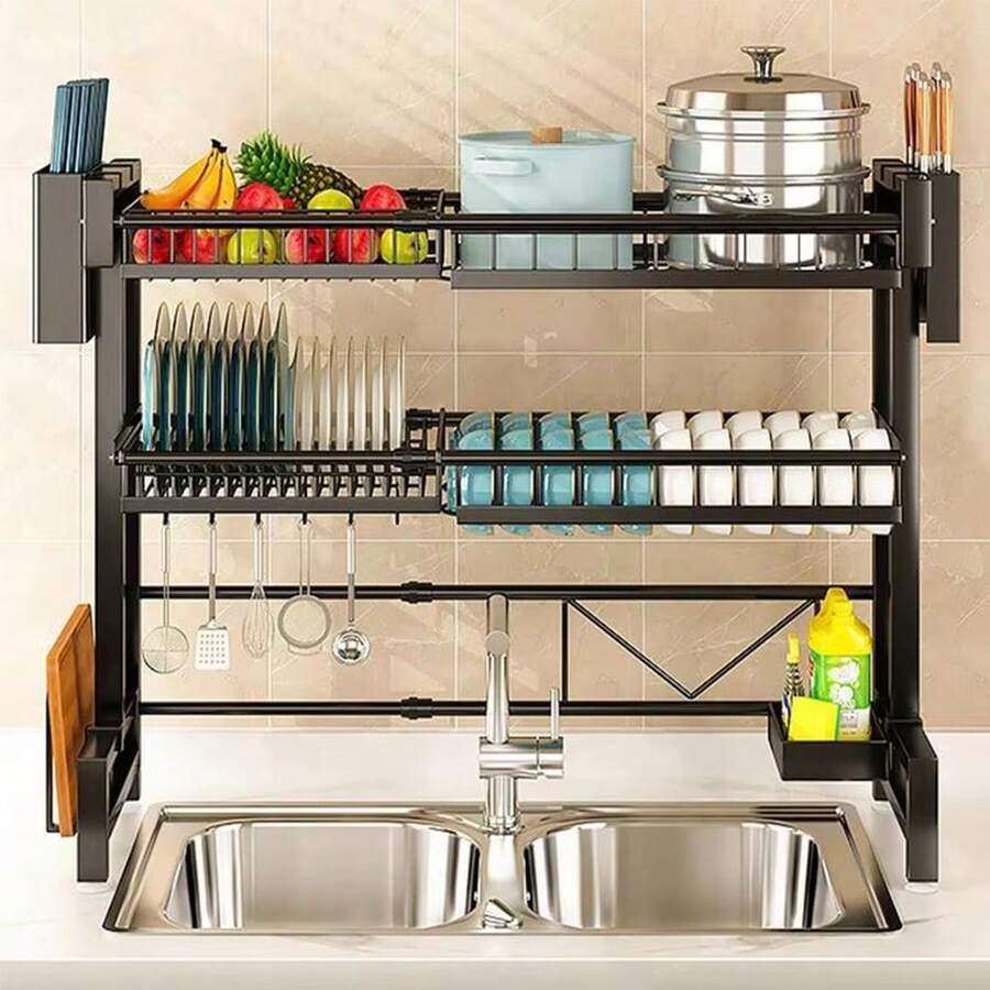 Over The Sink Dish Drying Rack, Adjustable Sink Drying Rack For Kitchen Sink, Metal Dish Drying Rack Saving Space, 2-Tier Dish Drying Rack Over Sink With Multifunctional Baskets, Black