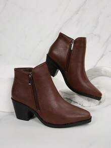 Fall/Winter Women's Fashion Chunky Heel Simple Side Zipper Plus Size Boots, Western Style Side Zipper Rhinestone Decor, Holiday - Maroon - View 3