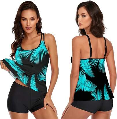 Trajes de Baño Mujer Tankini dos Piezas con Playera y Short Natación, Control Abdomen, Moda 2025