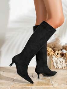 Women's Pointed Toe Mid-Heel Over-The-Knee Boots, Slip-On, Elegant Party Western Style Kitten Heel, Beautiful & Graceful For Commuting, Synthetic Fiber, Autumn/Winter - Black - View 3