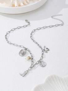 2 Juegos, Collar de cadena de perlas asimétrico vintage, Colgante de sombrero y botas vaqueras, Pulsera de estilo occidental