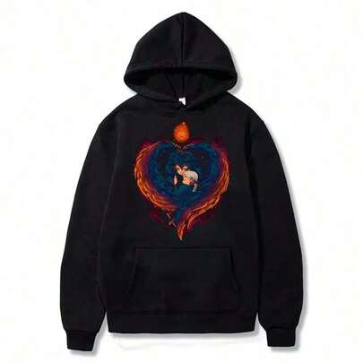 Corazón-En-Llamas Printed Hoodies Sweatshirts For Men And Women Unisex Vintage Sweatshirt With Pockets Long Sleeves Casual Top Printed Sweatshirts And Pullovers Fun Sweatshirt Men's And Women's Streetwear Spring Autumn And Winter