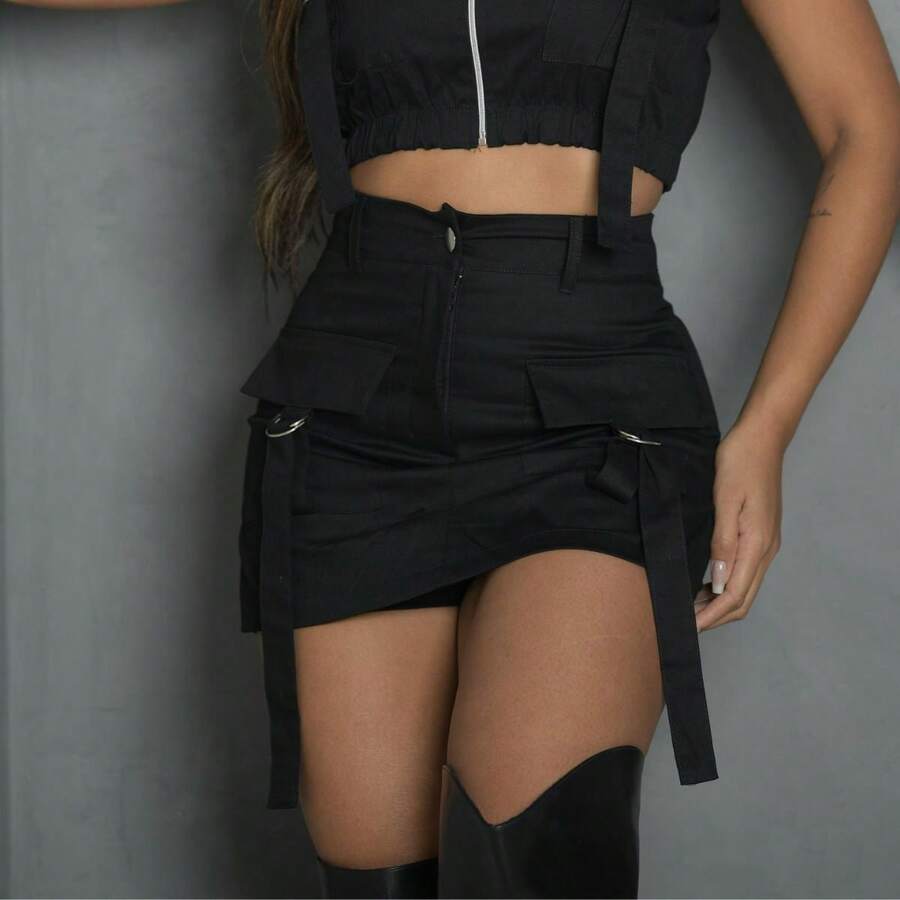 Women's Shorts, Cargo Skirt, Twill Fabric, Cargo Pockets, Vacation, School, Summer. - đen - Xem 1