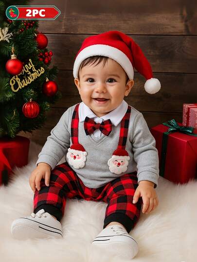 H HIBOBI 2 pezzi/Set Outfit da Gentiluomo per Ragazzi con toppe di Babbo Natale e Motivo Scozzese (Escluso Cappello), Autunno/Inverno