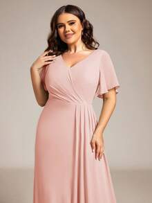 Plus Size Butterfly Sleeve V-Neck Ruched High Slit Pink Bridesmaid Dress, Suitable For Weddings, Parties, Spring/Summer Wedding Guest Formal Dress, Mother Of The Bride Dress Party - Pink - View 7