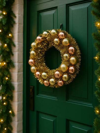 Ghirlanda natalizia da 34*34*9 cm con palline dorate e color oro rosa per decorazione di porte e pareti