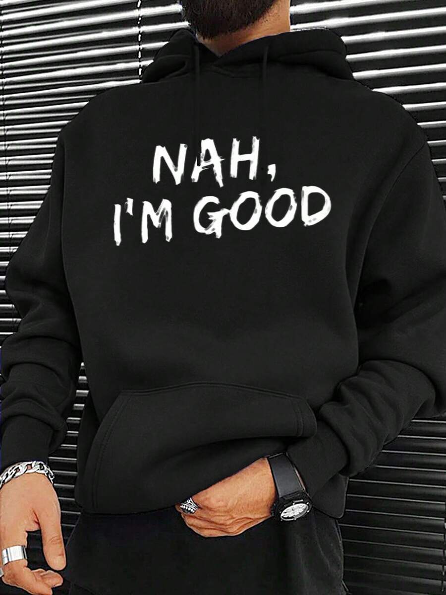 Men's 'No, I'm Fine' Graphic Hoodie - Loose Casual Pullover With Front Pocket Design, Black And White Letter Print, Comfortable Casual Street Style For All Seasons, Funny Slogan Gift For Men And Teens (Machine Washable) - Fashion Statement Clothing, Bold 'No. I'm Fine" Print, Loose Fit, Digital Printing Technology, Versatile Layering Casual Wear - màu đen - Xem 1