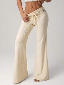Women's White Knit Waistband With Beaded Drawstring Straight Loose Casual Resort Pants - 杏色 - 查看 1