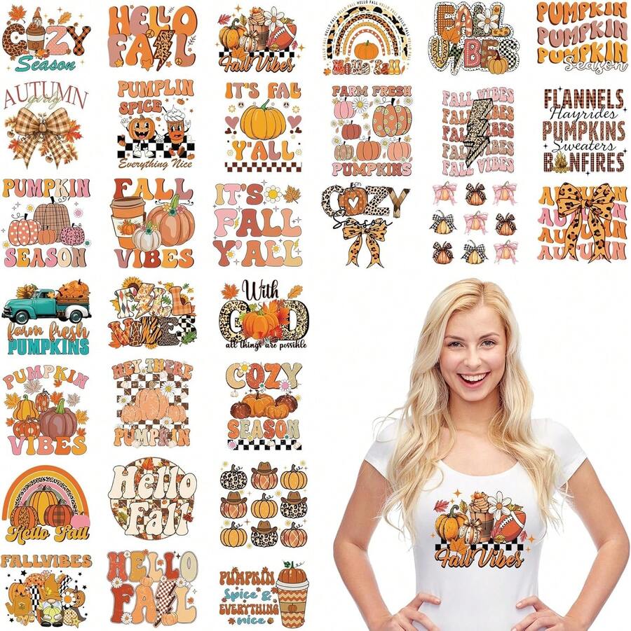 EoBeCy 30 Sheets Retro Fall Iron On Transfers For T-Shirts, Autumn Pumpkin DTF Transfers Ready To Press Heat Transfers Vinyl, Thanksgiving Iron On Decals For Clothes Bag Pillow Covers DIY Crafts - đen - Xem 1