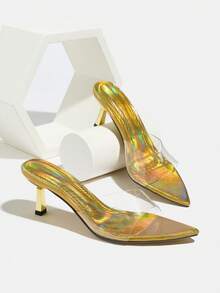 女士高跟鞋,适合春夏、夜店派对、T台秀、聚会、户外旅行、约会、宴会、休闲、办公等场合,百搭金色猫跟尖头魅力PVC透明果冻穆勒鞋带闪亮激光全息镜面材质套脚优雅浪漫高端闪亮金色高跟凉鞋 - 金色 - 查看 7