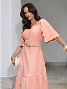 Vestido Feminino     Com Manga e Cinto Moda Verao Elegante