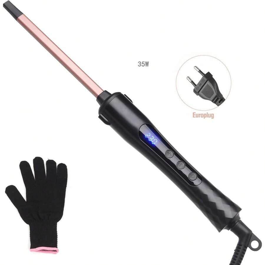 9mm Ceramic Curling Iron With Temperature Display, Adjustable 100-230℃, Rapid Heating, Includes 1pc Heat Resistant Glove - EU C Type Plug(220-240V) - View 1