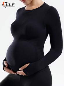 LLF Maternity Seamless Solid Color Basic Long Sleeve Activewear Top, Versatile For Casual, Workout, Yoga And More. Stretchy Fabric Gently Wraps Around Baby Bump, Shaping And Slimming. Pair With Accessories For Casual Parties, Simple Design Also Suitable For Everyday Wear