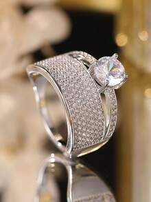 Luxury Cubic Zirconia Stacked Silver Color Fashion Ring Set, Elegant Wedding Jewelry Gift - Silver - View 12