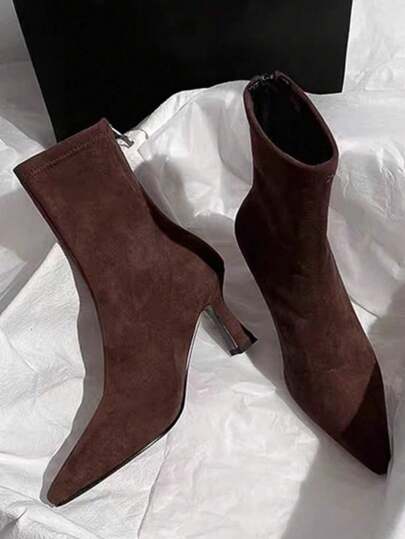 Brown One-Piece Ankle Boots For Women With High Heels 2025 Autumn And Winter New Versatile French Thin Heels Elastic Velvet Pointed Narrow Boots Metal Zipper At The Back