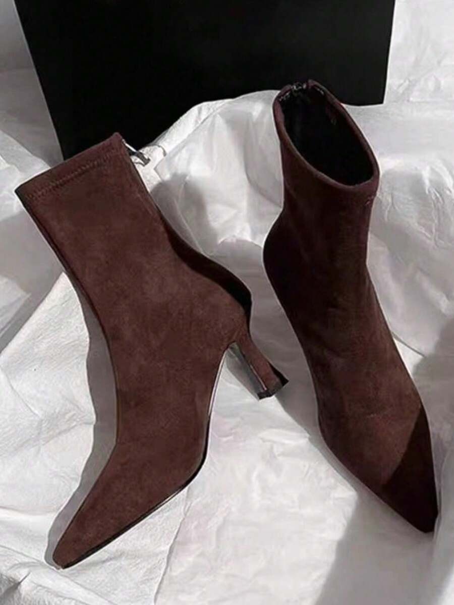 Brown One-Piece Ankle Boots With A Plain Temperament Short Boots For Women With High Heels 2025 Autumn And Winter New Versatile French Thin Heels Elastic Velvet Pointed Narrow Boots Metal Zipper At The Back - Brown - View 1
