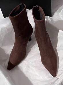 Brown One-Piece Ankle Boots With A Plain Temperament Short Boots For Women With High Heels 2025 Autumn And Winter New Versatile French Thin Heels Elastic Velvet Pointed Narrow Boots Metal Zipper At The Back - Brown - View 8