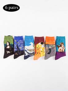6 Paar Herren Knöchelsocken, verrückte Ölgemälde Serie, bequeme weiche Freizeitsocken