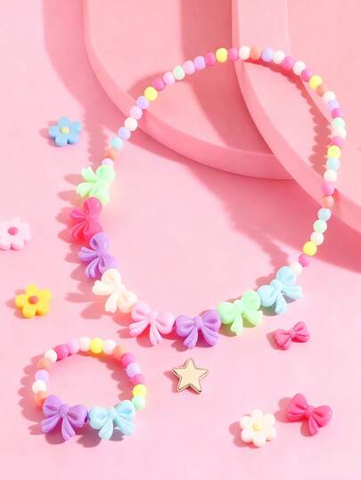 2pcs Kids Cute Heart & Bow Beaded Necklace And Bracelet Set, Suitable For Girls Daily Wear, Festivals, Costume Party, Birthday Gift