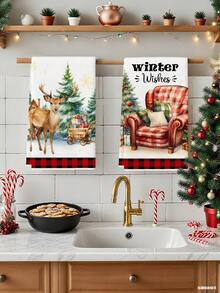 2 Piezas Toallas de cocina decorativas con diseños de Flor de Pascua, piña, reno y árbol de Navidad, toallas de mano coloridas para la cocina, el hogar, el comedor y el baño en estilo granja