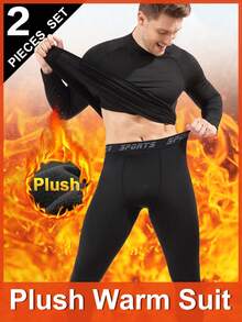 Zestaw męskiej bielizny termicznej, bluzka z długim rękawem i długie spodnie, czarny jednolity kolor, gruby, obcisły strój fitness, ciepło i wygoda podczas uprawiania sportów na świeżym powietrzu w zimne dni, takich jak narciarstwo, jesień/zima