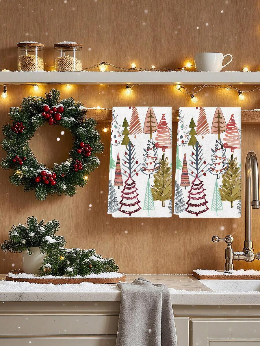 2 Pcs Black And White Kitchen Towels Dish Cloth Towels Absorbent Hand Towels Cleaning Cloths Simple Lines Christmas Tree Kitchen Towels Holiday Decoration Suitable For Dish Table - Multicolor - View 1