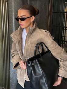 Chaqueta de ante caqui para mujer, de estilo casual y oversize, con bolsillos, para el otoño