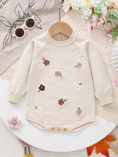 Cute Floral Embroidered Knit Baby Bodysuit, Suitable For Outdoor Play Or Casual Home Wear