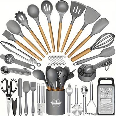 A Complete Set Of 44 Silicone Kitchen Utensils, Wooden Handle Utensils With Modern Cooking Storage Containers, And Wooden Handle Silicone Utensils With Storage Buckets