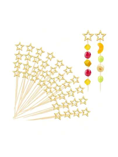 100/50 piezas/Paquete Palitos de bambú con estrella de cinco puntas para decoración navideña, Grandes estrellas de cinco puntas huecas doradas y plateadas para decorar pasteles, frutas, revolver bebidas y decorar alimentos y repostería en fiestas, reuniones y festividades