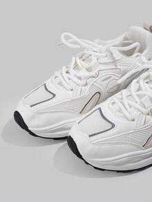 DareSee 女士字母印花撞色网布厚底休闲运动鞋，舒适透气，适合跑步和运动，音乐节礼物之选 - 米色 - 查看 6