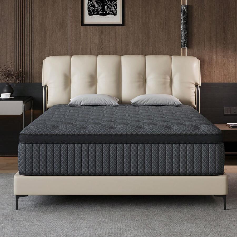 10"12"14" Queen Mattres Twin Full Queen King Size Bed Mattress In A Box, Hybrid Pocket Spring Breathable Cotton Layer Mattress For Motion Isolation & Silent Sleep, Lumbar Support & Pressure Relief, Medium Firm - 黑與白 - 查看 1