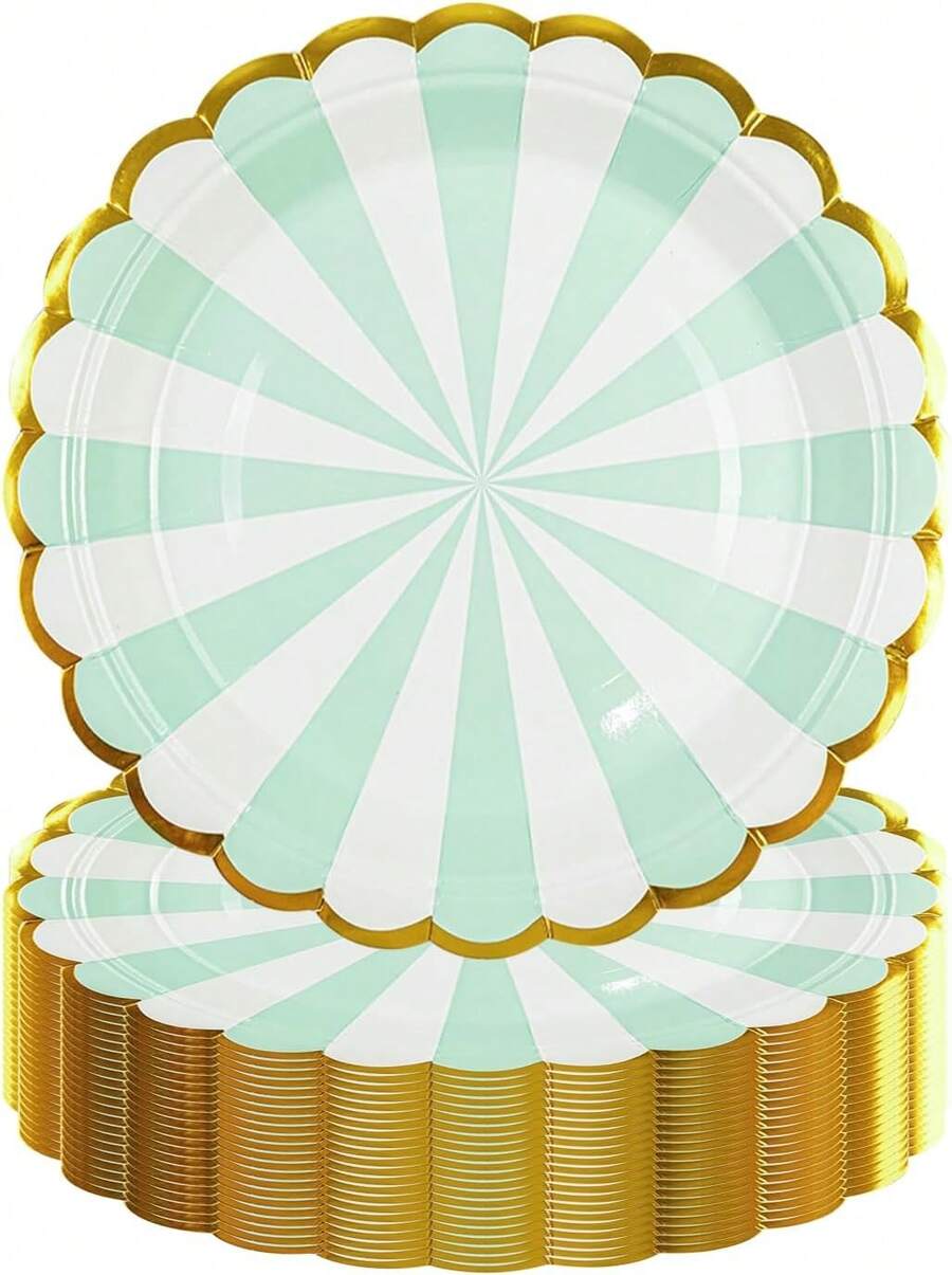 50PCS Green Birthday Party Plates, Dessert Plates, Scalloped Gold Foil Edge Dinnerware Party Supplies For Birthday Weddings Parties,25837420 - 軍綠色 - 查看 1