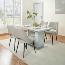 Tavolo da pranzo rettangolare moderno, 120 cm-160 cm, allungabile, con piano in legno bianco stampato + gamba del tavolo a forma di X in MDF con base in metallo