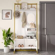 Modern Minimalist Compact Wardrobe, Open Multifunctional Storage Cabinet With Mirror, Metal Hooks, Clothes Rack With Shoe Bench, Closet, Shoe Storage, Clothes Rack. - White + MDF - 查看 6