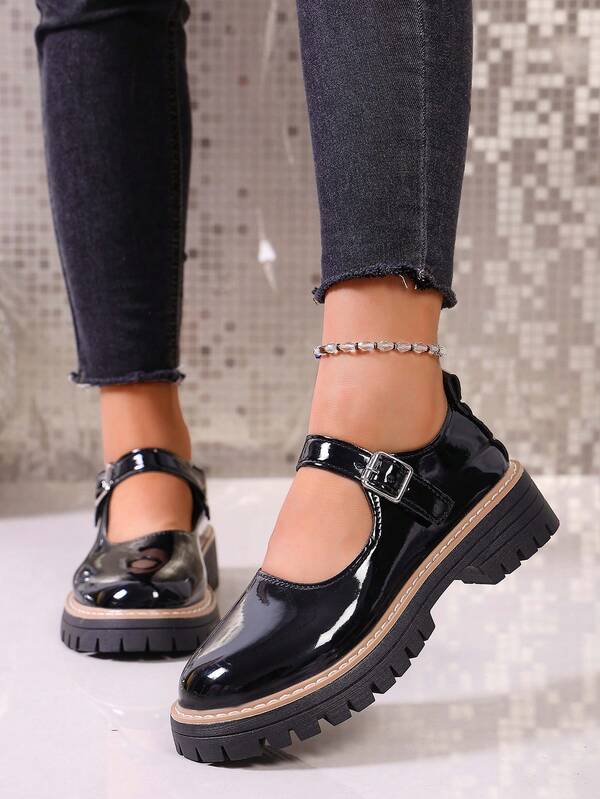 زوج من أحذية ماري جين للنساء، أحذية مسطحة بأصابع مستديرة على الطراز القديم، أحذية لوفر بإبزيم وأصابع مفتوحة، متعددة الاستخدامات مانعة للانزلاق