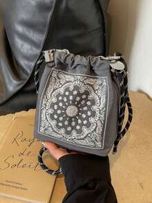 Embroidered Canvas Bucket Shoulder Crossbody Bag, Waterproof Nylon Fashion Handbag With Detachable Strap, Women'ly Tote Bag