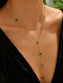 1pc Women's Stainless Steel Y-Shaped Green Zirconia Waterdrop Tassel Pendant Necklace, 18k Gold Plated Fashion Teardrop Pendant Jewelry,Suitable For Women Daily Party Wear Or Gifting - Gold - View 2