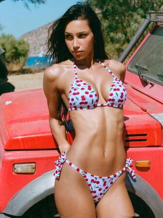 2 Stücke Kirschprint Neckholder Dreieck Bikini Set, Polyester Bikini Set für Frauen