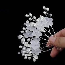 5件套白色亚克力花朵银叶U型发夹，新娘婚礼伴娘发饰，情人节配饰 - 銀色 - 查看 6
