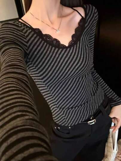 Lace Patchwork Design 2 In 1 Striped T-Shirt, Slim Fit For Casual, Street, Vacation