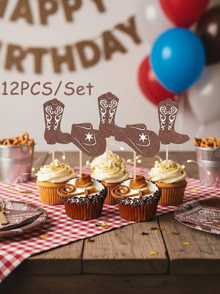 12pcs Western Cowboy Boot & Hat Glitter Cupcake Toppers, Country Cowboy Theme Cupcake Picks, Suitable For Rodeo Birthday Party Decor - Cowboy - View 1